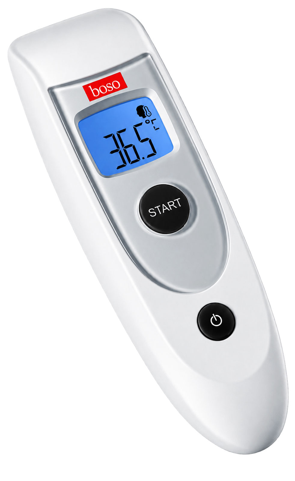 Ein digitales Fieberthermometer in Weiß mit blauen Anzeige. Es zeigt eine Temperatur von 36,5 °C. Die Bedienelemente umfassen einen -START--Knopf. Hintergrund ist neutral.