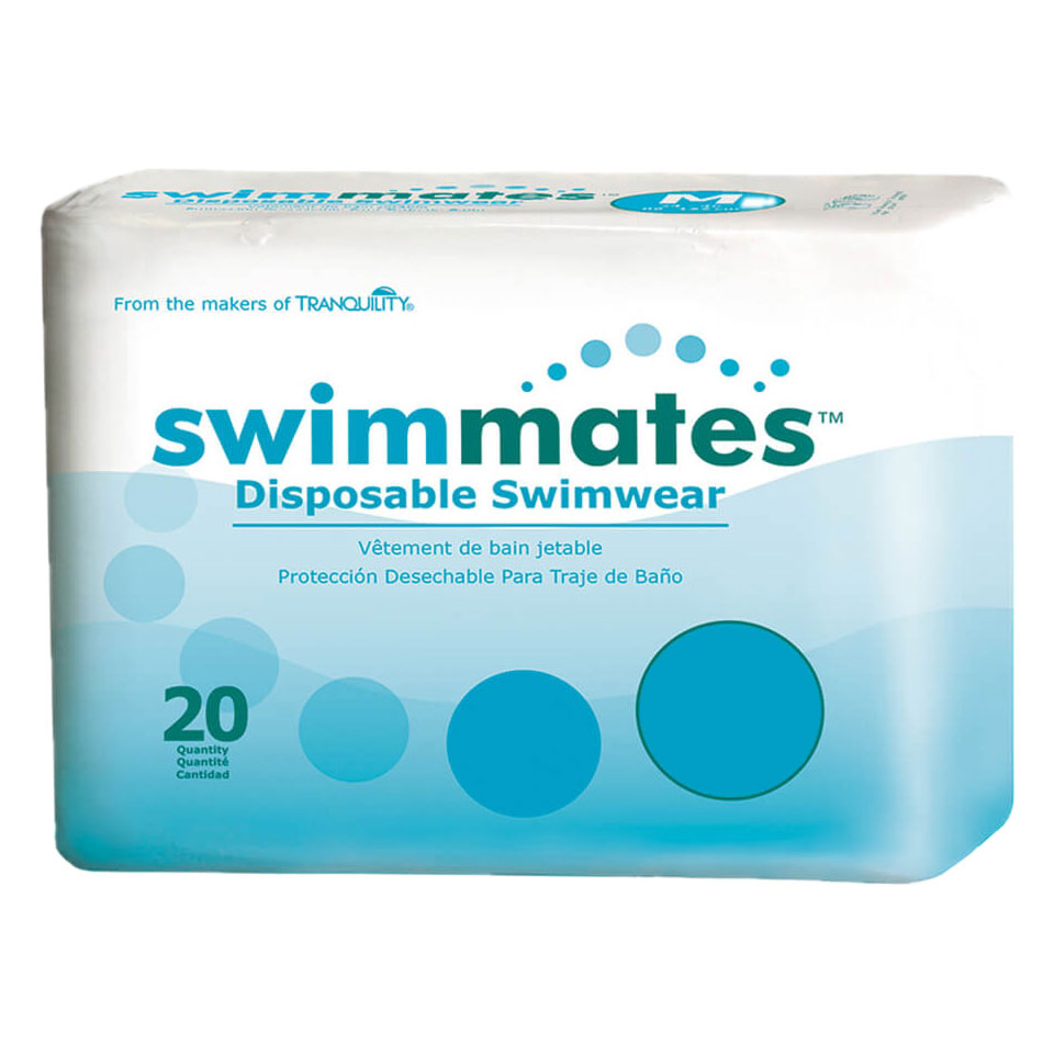 Verpackung von -swimmates- Einweg-Badebekleidung. Die Packung enthält 20 Stück und zeigt eine blaue und weiße Farbgestaltung mit Punkten. Auf der Vorderseite sind mehrsprachige Beschreibungen eingeprägt.
