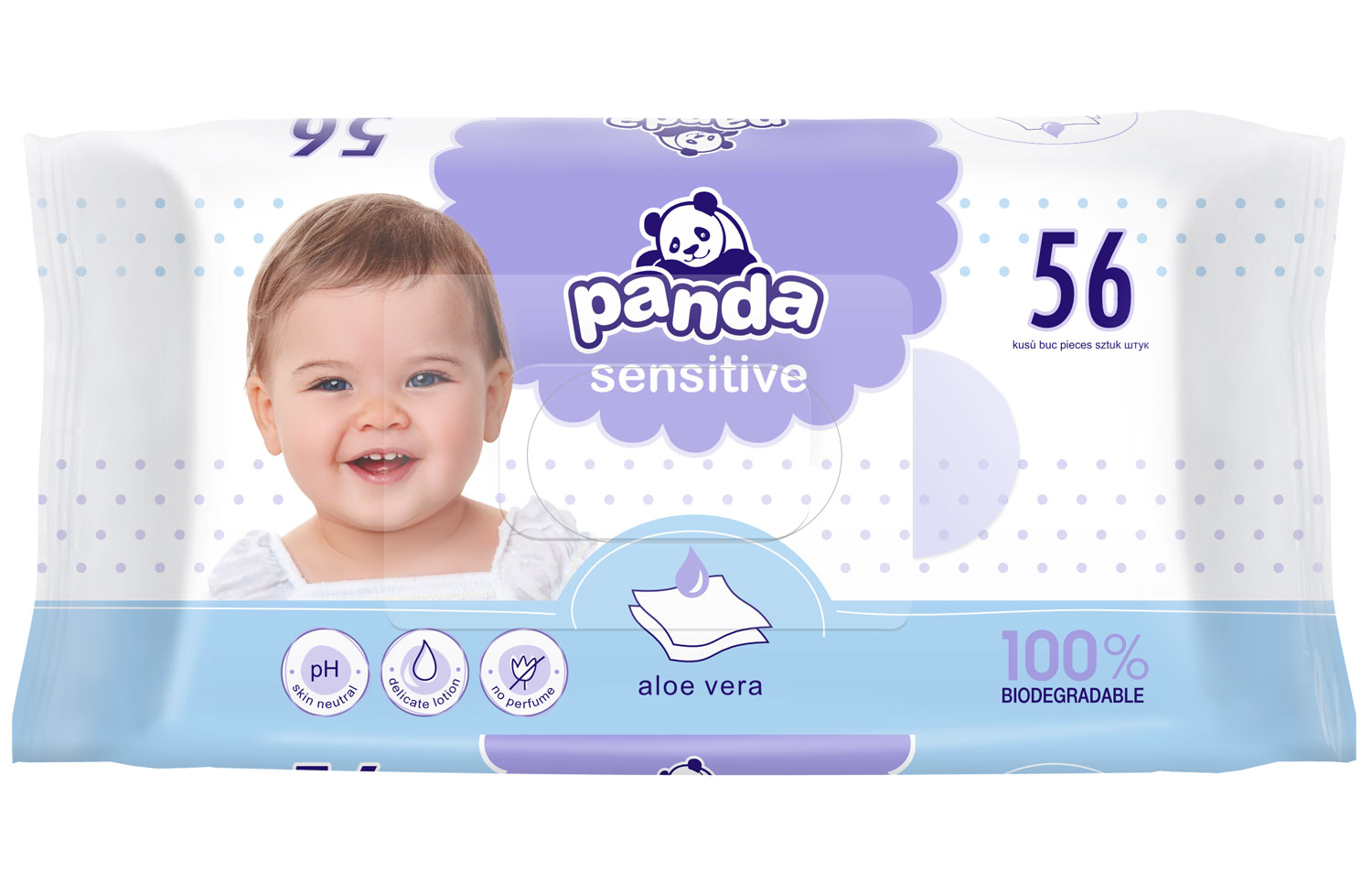 Ein Packung Babytücher mit 56 Stück, präsentiert mit einem lächelnden Baby im Vordergrund. Die Verpackung hat einen hellblauen und lila Hintergrund mit Punkten. Hinweise auf Aloe Vera und umweltfreundliche Eigenschaften sind sichtbar.
