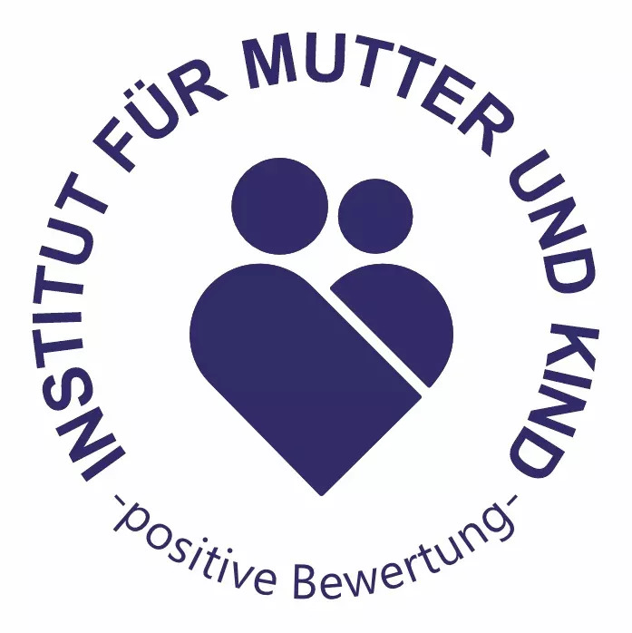 Logo des Instituts für Mutter und Kind, zeigt stilisierte Figuren von Mutter und Kind in Herzform. Umrandet mit dem Schriftzug -INSTITUT FÜR MUTTER UND KIND- und dem Text --positive Bewertung--.