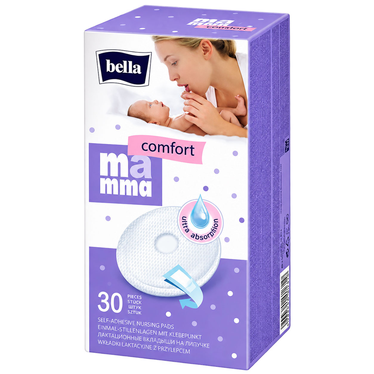 Selbstklebende Stilleinlagen sind in einer lila Verpackung mit weißer und pinker Schrift abgebildet. Eine Mutter hält ein Baby, während der Hinweis auf -ultra absorption- sichtbar ist. 30 Stück sind enthalten.
