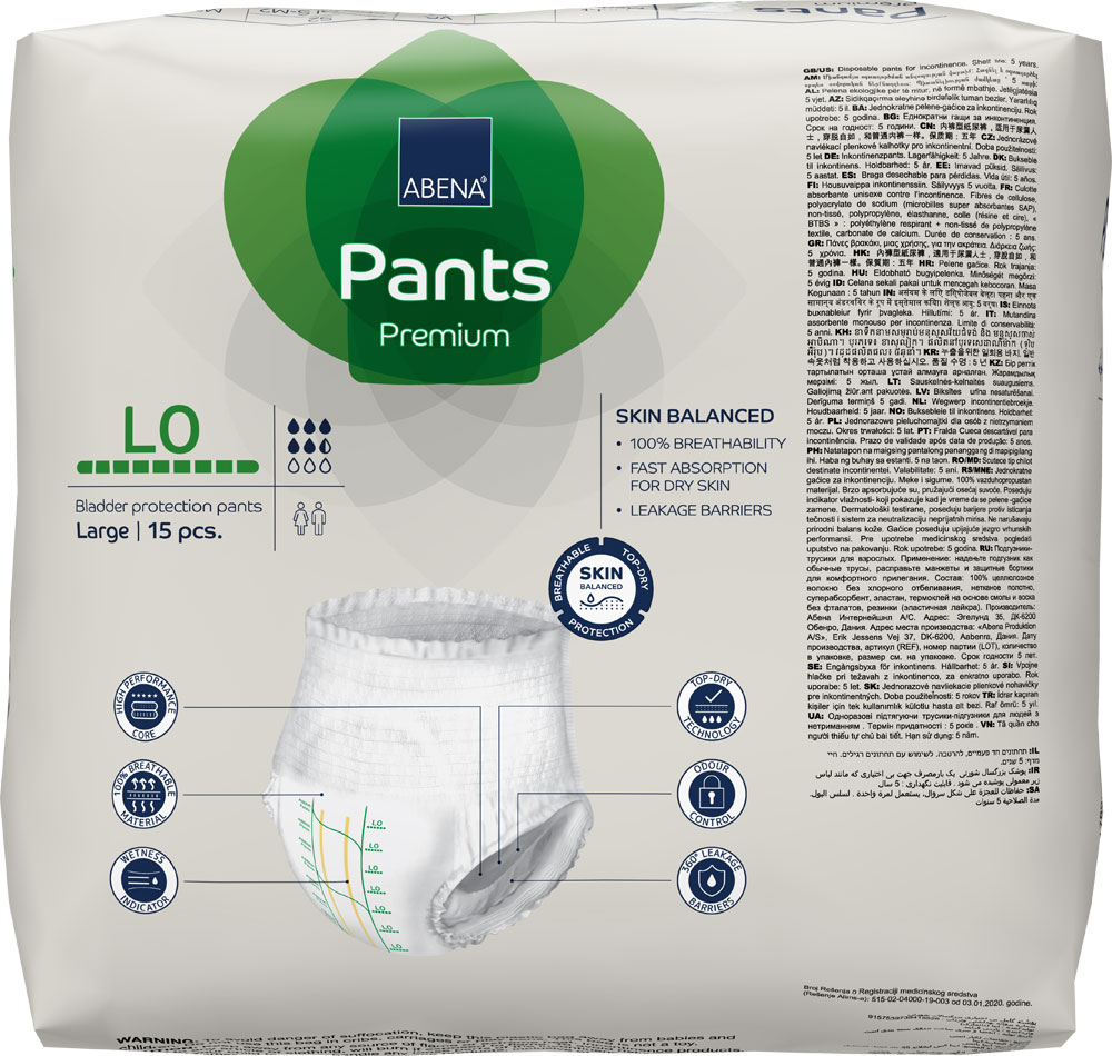 Blasenschutz-Hosen in großer Größe, verpackt mit 15 Stück. Die Vorderseite zeigt eine farbige Darstellung der Hose sowie wichtige Merkmale wie Atmungsaktivität und Schnellaufnahme für trockene Haut.