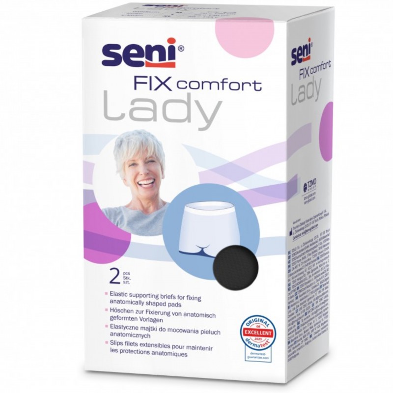 Verpackung von Seni FIX comfort Lady, die elastische Stützslips für anatomisch geformte Einlagen präsentiert. Die Box zeigt eine lächelnde Frau und enthält Informationen in mehreren Sprachen.