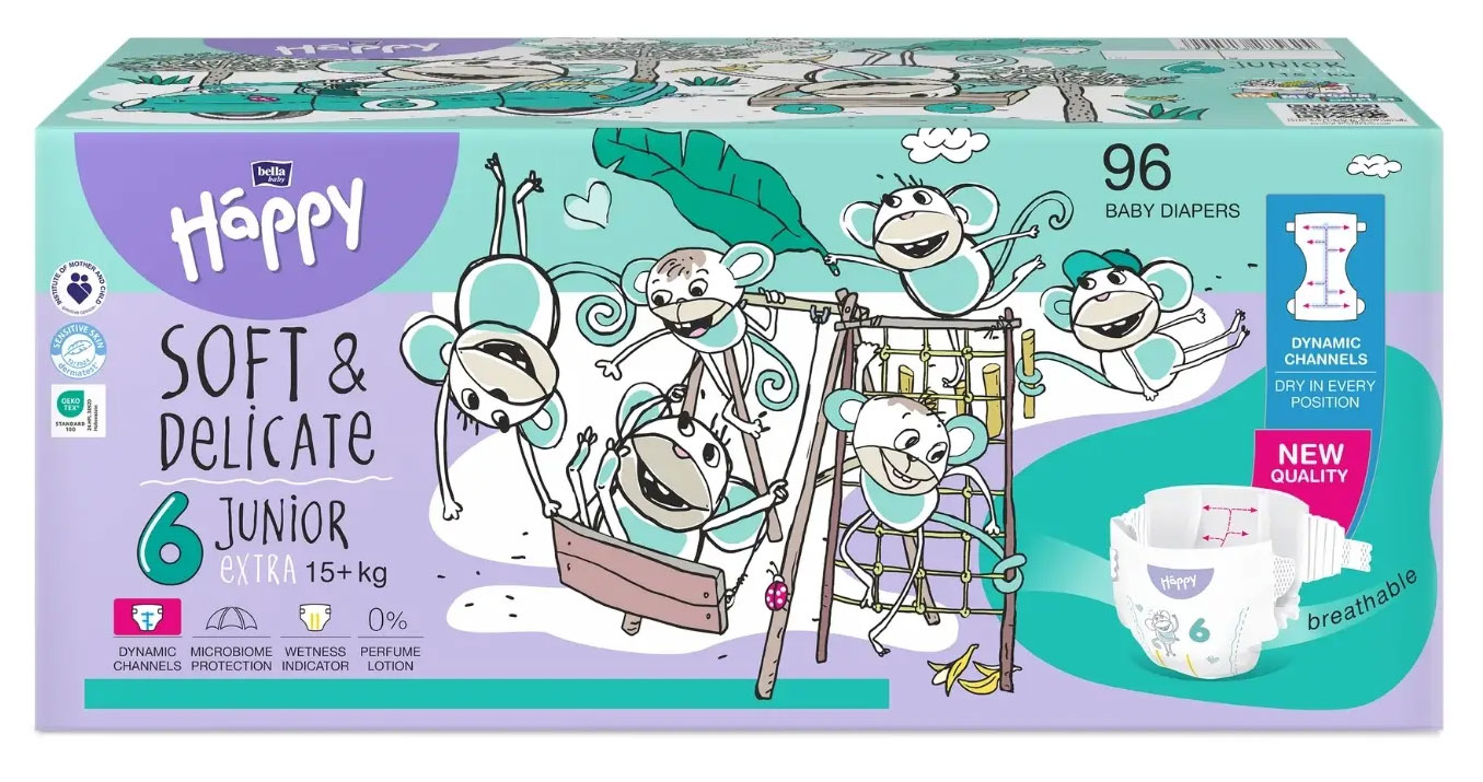 Ein Paket mit 96 Babywindeln der Marke -Happy-, Größe 6. Es zeigt fröhliche, cartoonartige Affen auf einem Spielplatz. Wichtige Merkmale wie -perspiration lotion- und -dynamic channels- sind abgebildet.