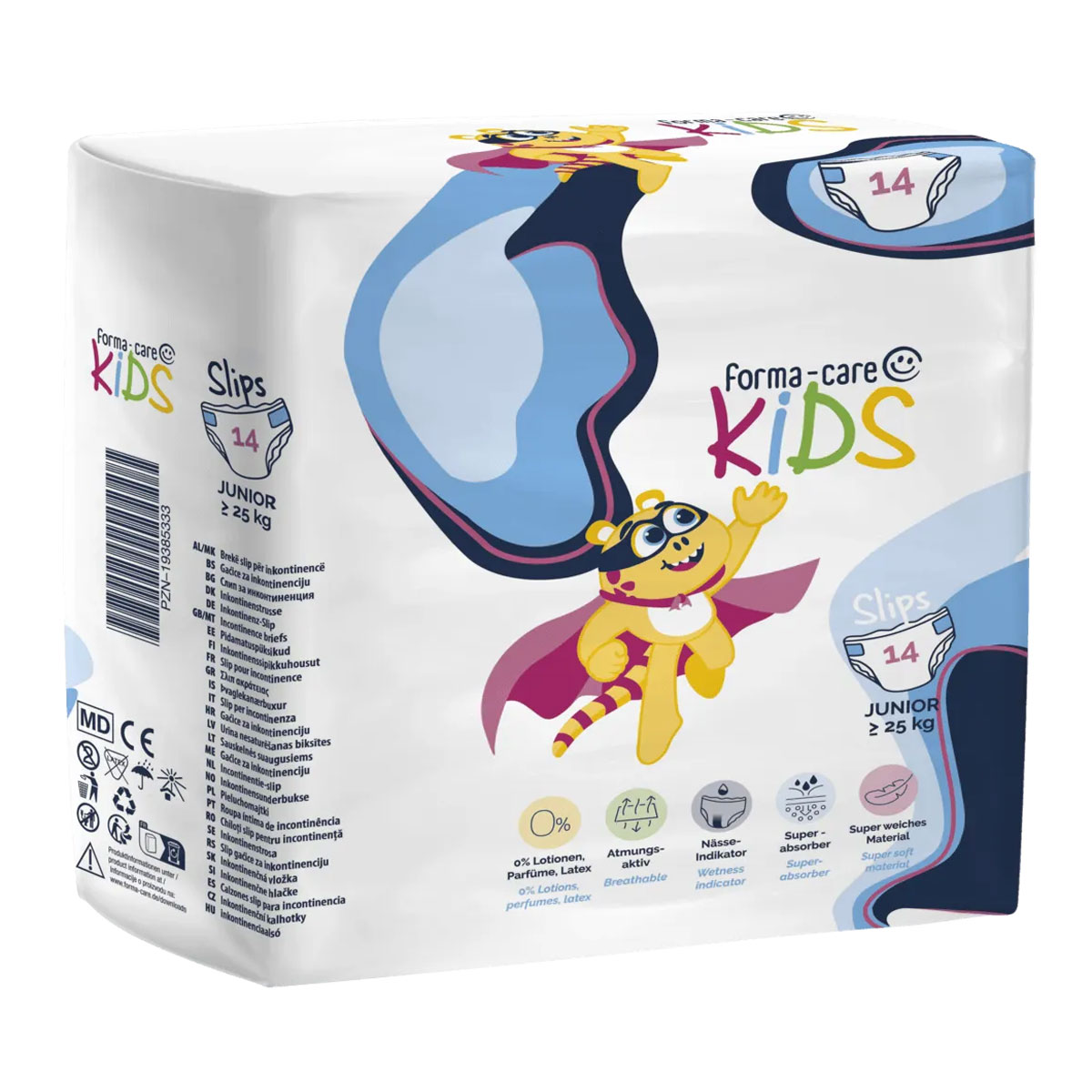 Verpackung von Windeln für Kinder, die als -forma-care KIDS- gekennzeichnet sind. Zeigt ein lustiges, comicartiges Maskottchen mit Umhang. Die Packung ist farbenfroh und enthält Angaben über die Größe und Eigenschaften des Produkts.