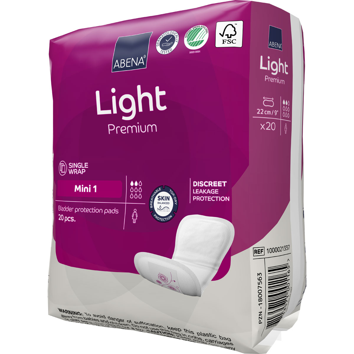 Packung mit 20 Blasenschutz-Pads von Abena, beschrieben als -Light Premium-. Sie sind in einem lila Design verpackt und bieten diskreten Auslaufschutz. Größeninformation und spezielle Eigenschaften sind sichtbar.