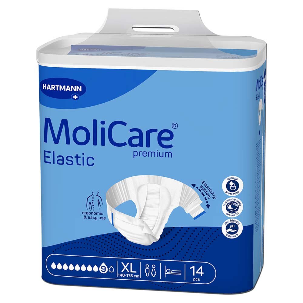 Eine Verpackung mit elastischen Inkontinenzprodukten der Marke MoliCare, präsentiert in Blau und Weiß. Der Inhalt sind 14 Stück in Größe XL (140-175 cm). Hinweise zur Ergonomie und Auslaufschutz sind sichtbar.