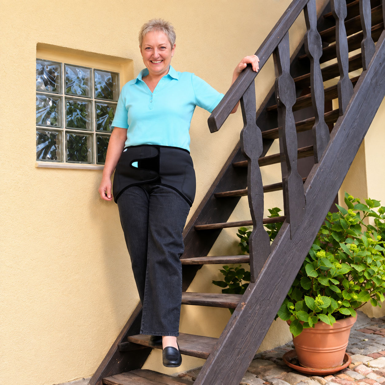 Eine lächelnde Frau steht an einer Treppe aus Holz und trägt eine schwarze Hüftbandage über dunkler Hose. Der Hintergrund ist eine gelbe Wand mit einem Fenster und einer Topfpflanze.