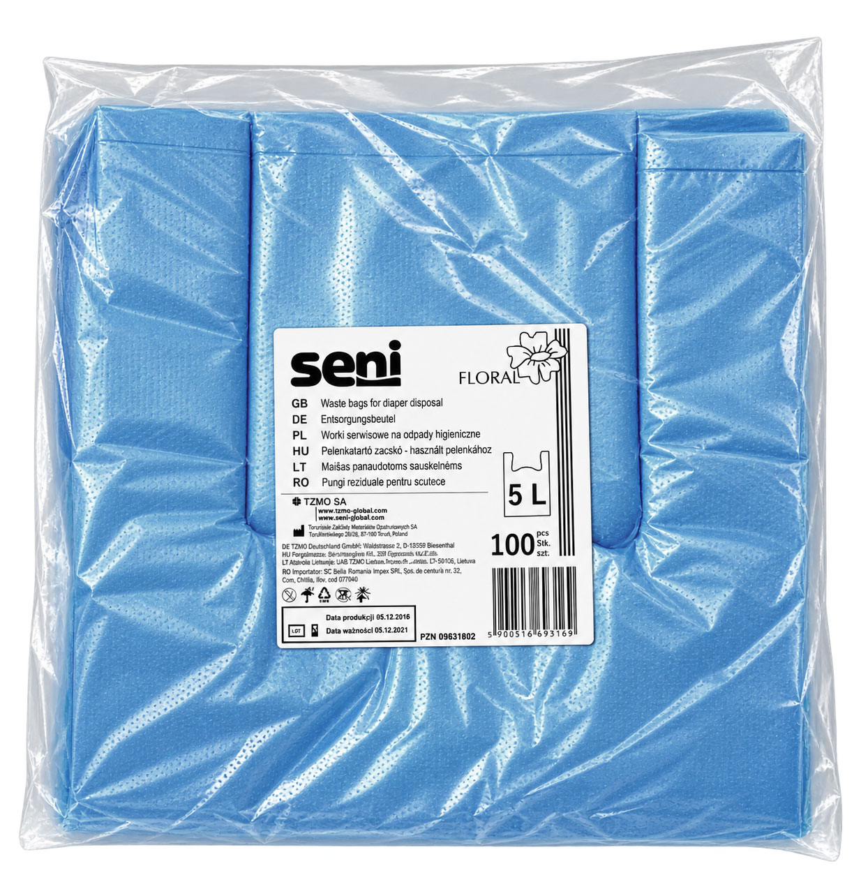 Blauer Paket mit Entsorgungsbeuteln für Windeln, sichtbar verpackt in einer transparenten Folie. Auf der Vorderseite ist ein Etikett mit Produktinformationen und mehrsprachigen Beschreibungen.