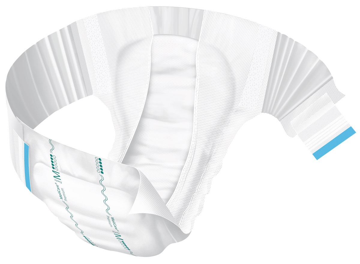 Eine weiße Windel mit elastischen Seitenflügeln und einer glatten Innenfläche ist zentral abgebildet. Sie zeigt ein modernes, funktionales Design mit dezenten blauen und grünen Akzenten.