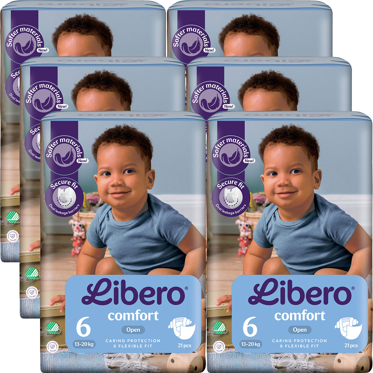 Sechs Verpackungen von Libero Windeln der Größe 6 sind gestapelt, mit einem lächelnden Kleinkind in einem blauen T-Shirt auf der Vorderseite. Die Verpackung betont -weiche Materialien- und -sicheren Sitz-.