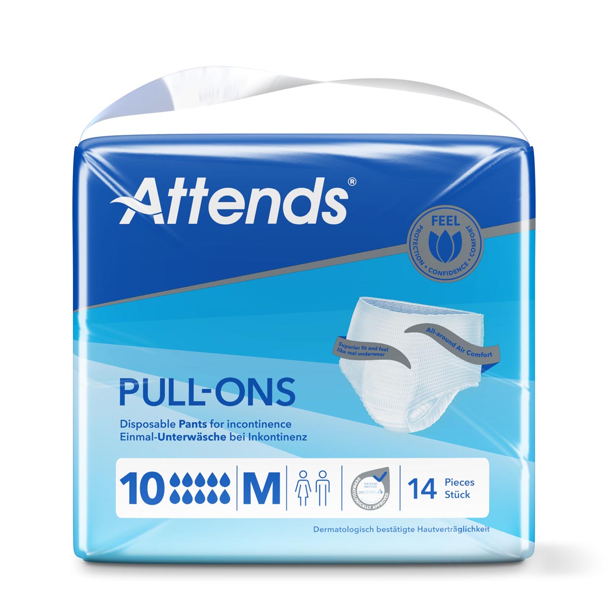 Attends Pull-Ons in einer blauen Verpackung. Die Hose ist für Inkontinenz gedacht und zeigt den Hinweis -Dermatologisch bestätigte Hautverträglichkeit-. Es sind 14 Stück in der Packung.