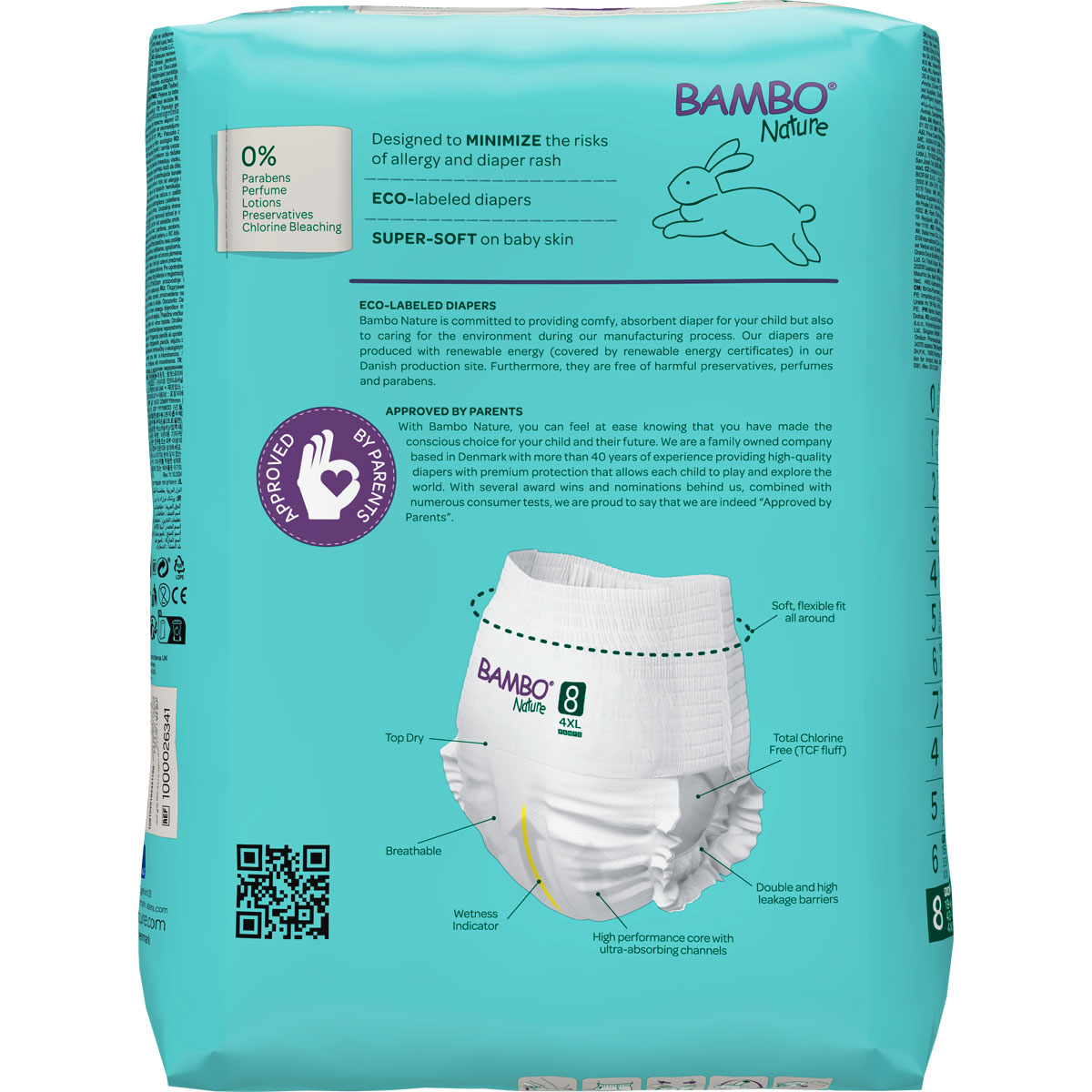 Eine Packung Bambo Nature Windeln, auf hellblauem Hintergrund. Die Windeln sind weiß und gepolstert, mit Anweisungen zur Verwendung. Sie betonen Umweltfreundlichkeit und Hautverträglichkeit. Textdetails erläutern die Produktmerkmale.