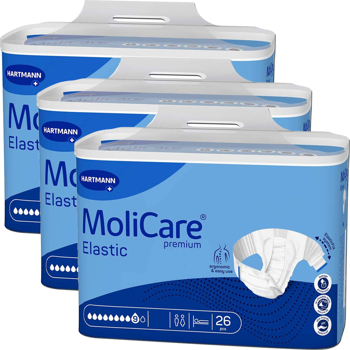 Drei Verpackungen von MoliCare Elastic Premium in blauer Farbe sind gestapelt. Jede Packung enthält 26 Stück. Die Verpackungen zeigen ergonomische Merkmale und Hinweise zur einfachen Nutzung.