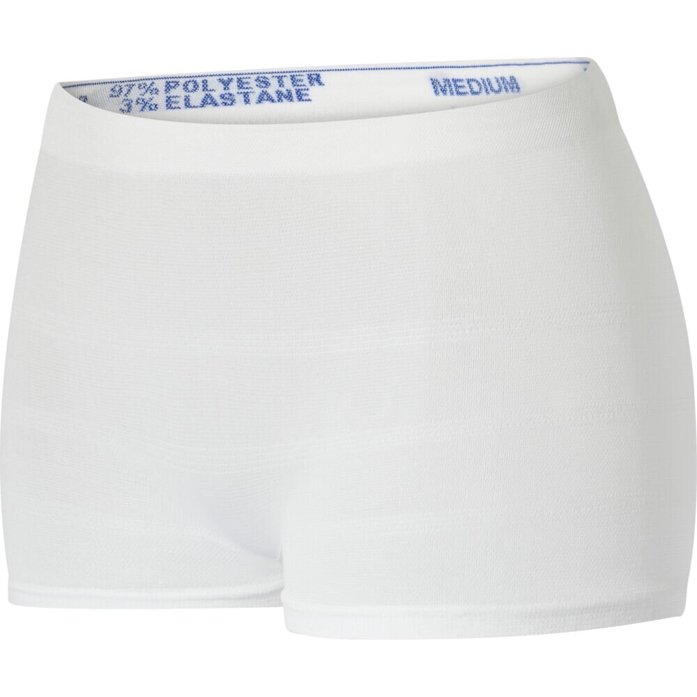 Helle, weiße Unterwäsche in Form von Boxershorts. Sie hat einen elastischen Bund mit Aufdruck und ist aus Polyester und Elastan gefertigt. Der Hintergrund ist einfarbig und neutral.