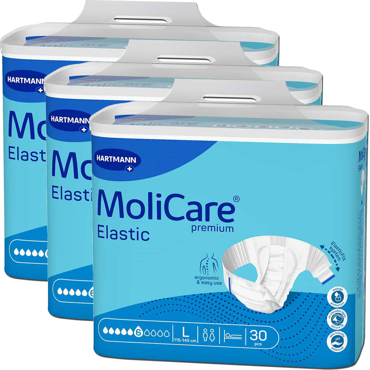 Drei Packungen MoliCare Elastic Premium stehen nebeneinander. Jede Packung zeigt eine ergonomische Windel. Angaben: Größe L (115-145 cm) und 30 Stück pro Packung. Hintergrund ist einfarbig.