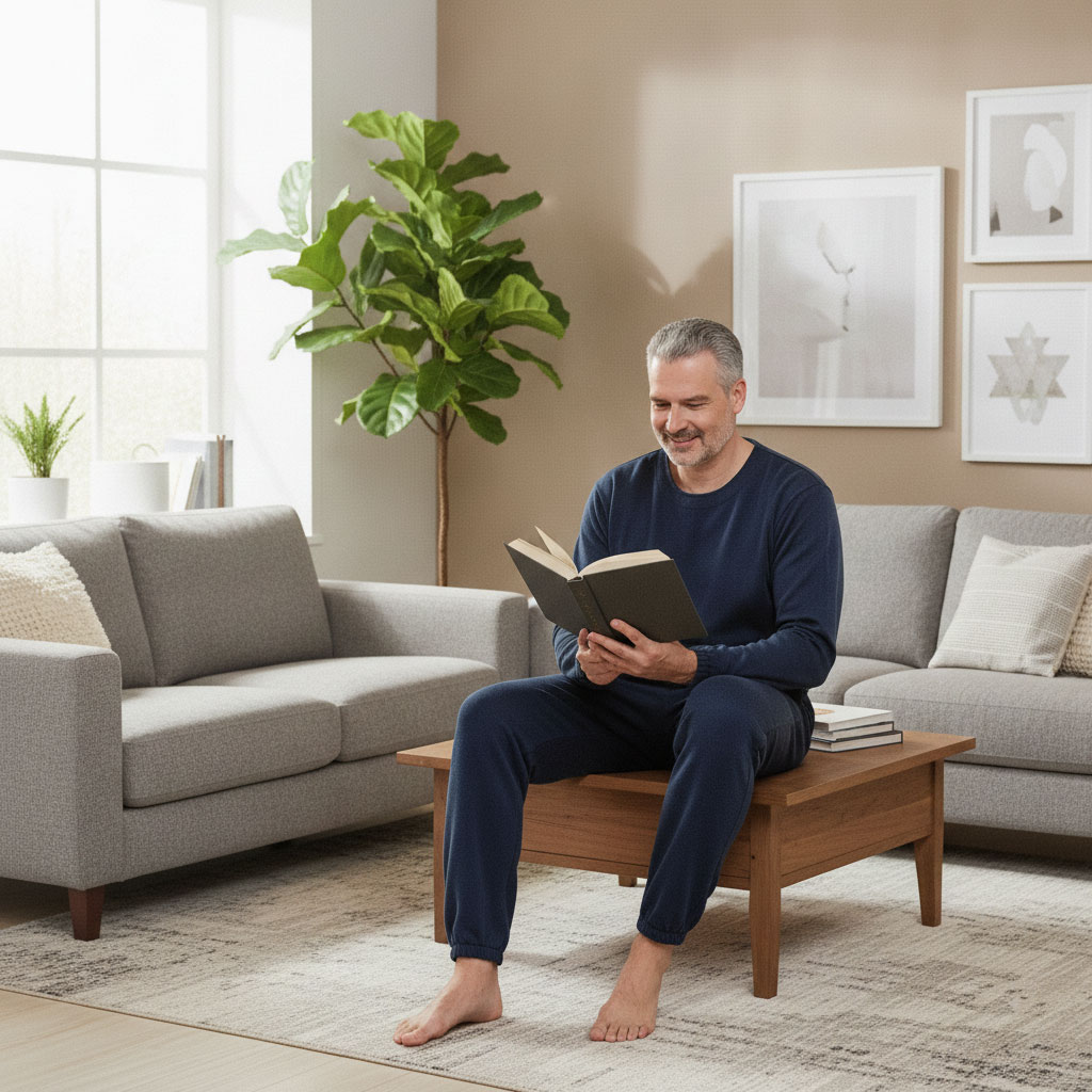 Ein Mann sitzt barfuß auf einem Holzkaffee-Tisch und liest ein Buch. Er trägt bequeme, dunkelblaue Kleidung. Im Hintergrund sind ein graues Sofa und Pflanzen zu sehen. Die Wände sind in einem warmen Farbton gestrichen.