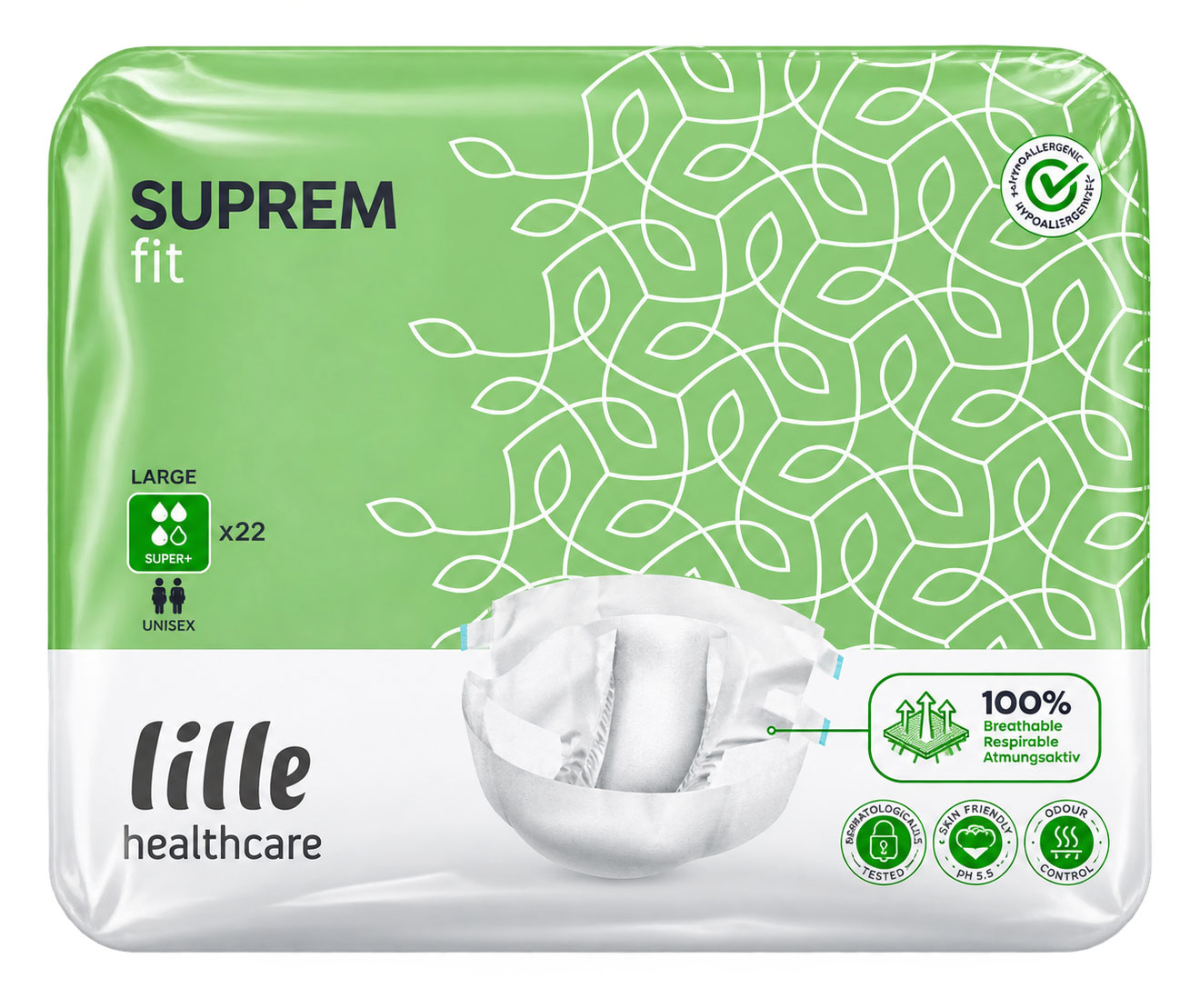 Ein Paket von Lille Healthcare mit grünem Design, das 22 Super+ Windeln in der Größe Large enthält. Auf der Verpackung sind Informationen zur Atmungsaktivität und Hautverträglichkeit abgebildet.