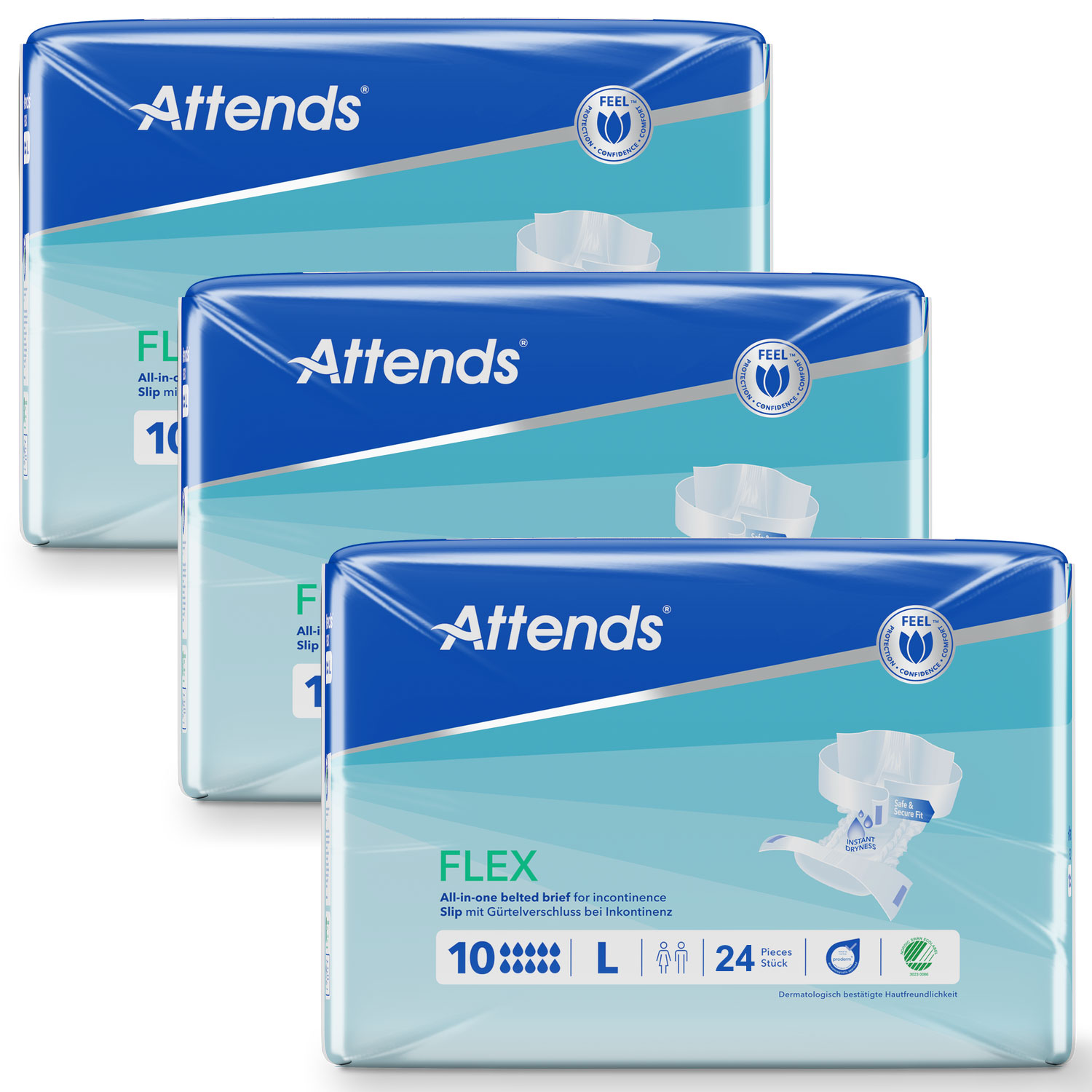 Drei Packungen Attends FLEX Inkontinenzprodukte sind abgebildet. Jede Packung zeigt die Aufschrift -All-in-One belted brief for incontinence- und enthält 10 Stück in Größe L.