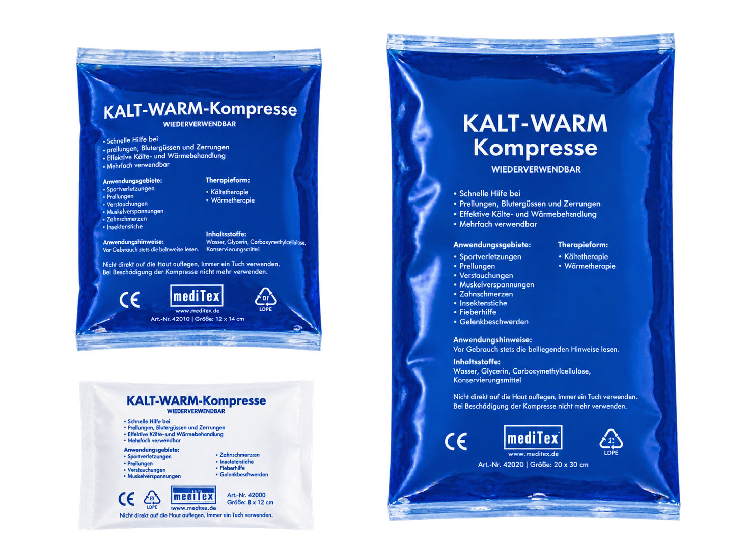 Zwei wiederverwendbare KALT-WARM-Kompressen aus blauer Folie, eine größere und eine kleinere. Text beschreibt Anwendung, Inhaltsstoffe und Hinweise zur Verwendung, darunter Kälte- und Wärmebehandlung bei Verletzungen.
