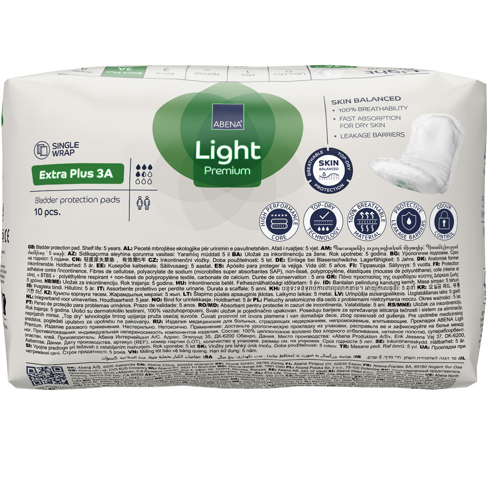 Paket mit Blasenschutzunterlagen -ABENA Light Premium Extra Plus 3A- in der Größe 10 Stück. Es betont atmungsaktive und hautschützende Eigenschaften, schnelle Flüssigkeitsaufnahme und Leckbarrieren. Verpackung enthält mehrsprachige Informationen.