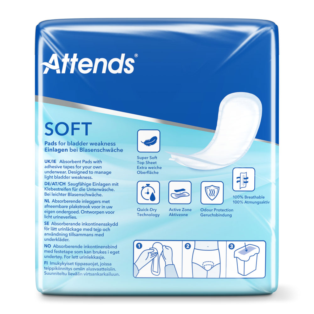 Saugfähige Einlagen in blauer Verpackung mit abgerundeten Ecken. Die Vorderseite zeigt Produktname -SOFT- und Features wie -Super Soft Top Sheet-, begleitet von Icons. Anweisungen zur Handhabung sind abgebildet.