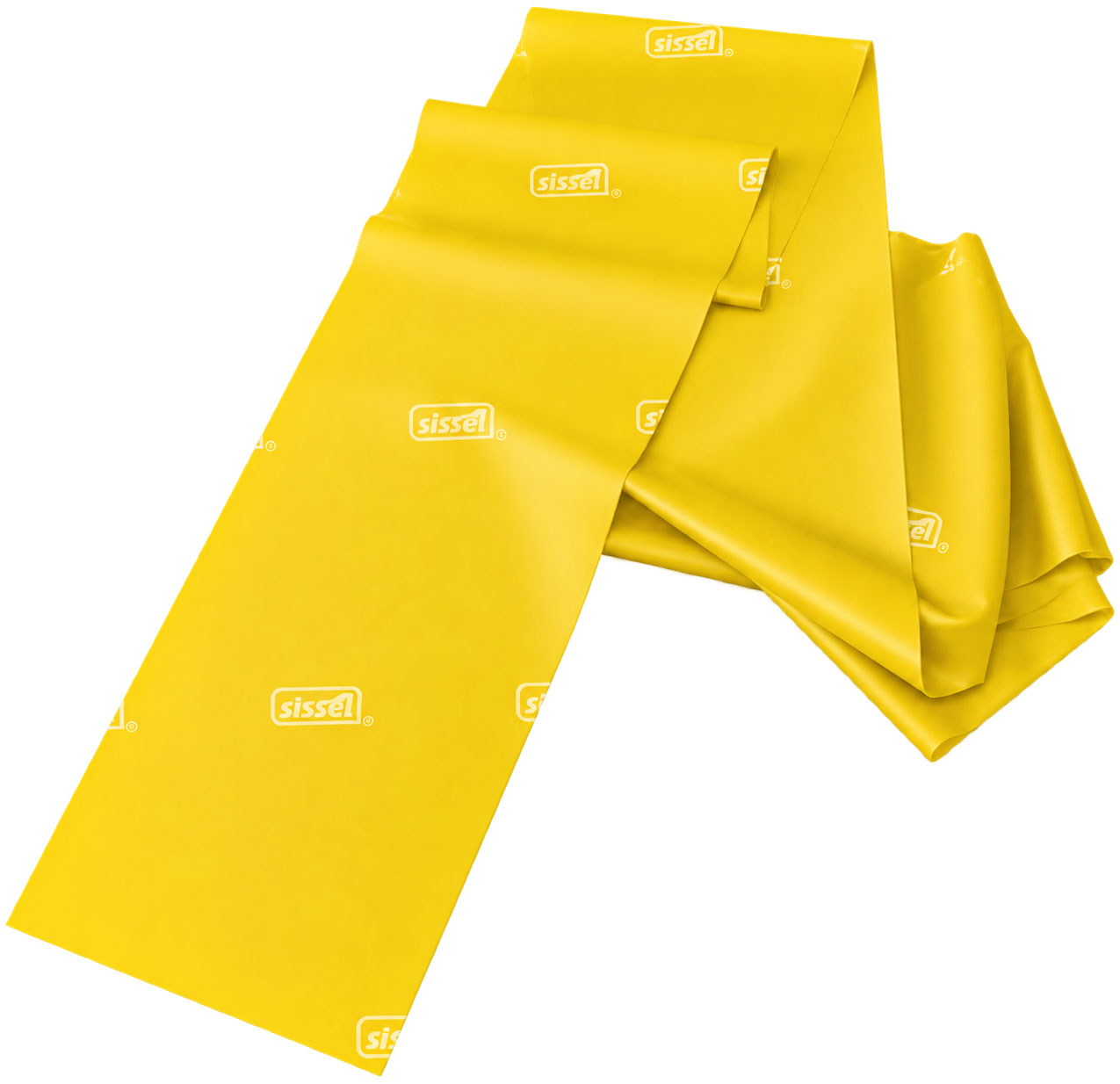 Gelbes Trainingsband aus elastischem Material, überlappend und mit einem Logo in regelmäßigem Abstand. Es zeigt eine glatte Oberfläche und wird auf weißem, neutralem Hintergrund präsentiert.