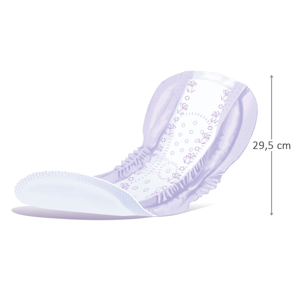 Ein lila hygienischer Einlagenprodukt ist auf einer weißen Fläche präsentiert. Es hat einen dekorativen inneren Rand mit kleinen Blumenmustern. Die Maße sind 29,5 cm hoch.