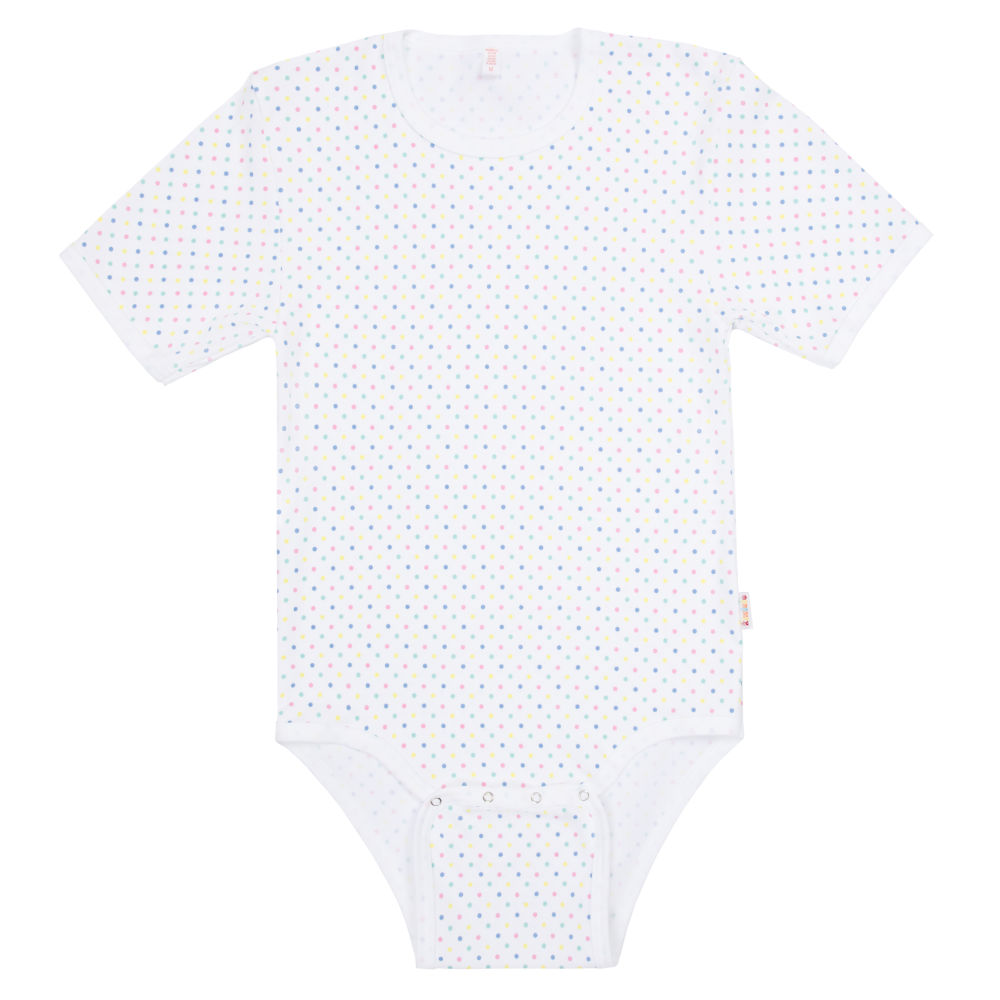 Ein kurzärmeliges, weißes Bodysuit mit bunten Punkten ist mittig platziert. Es hat einen runden Halsausschnitt und Druckknöpfe im Schrittbereich für einfaches Ankleiden. Der Hintergrund ist einfarbig.