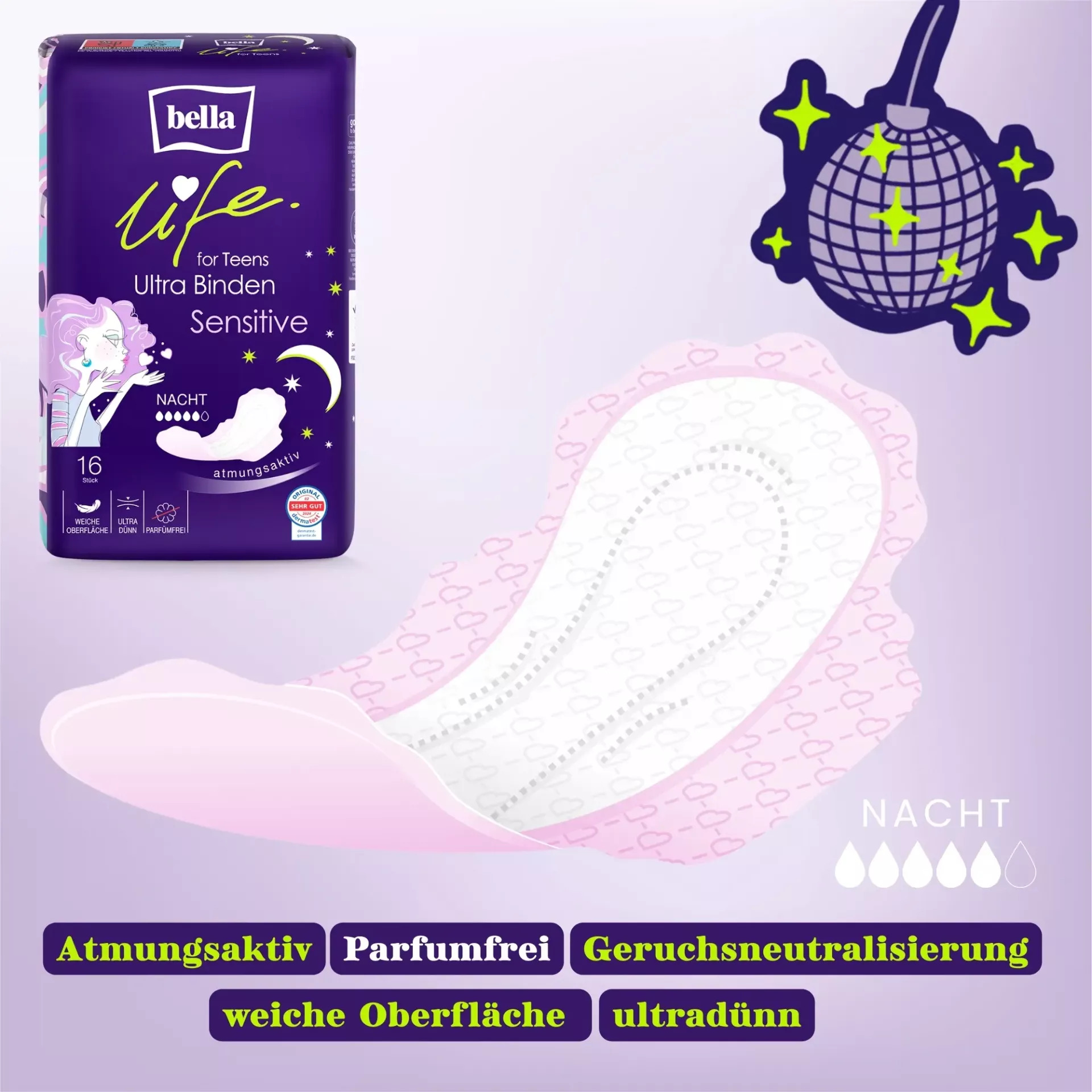 Bella life for Teens Ultra Binden Sensitive Nacht mit Flügeln - 16 Stück
