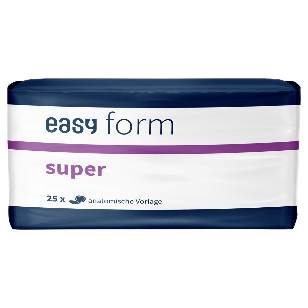 Verpackung von Inkontinenzprodukten in einem weißen und blauen Design. Die Vorderseite zeigt den Markennamen -easy form-, die Bezeichnung -super- und Informationen über die Menge (25 x anatomische Vorlage).