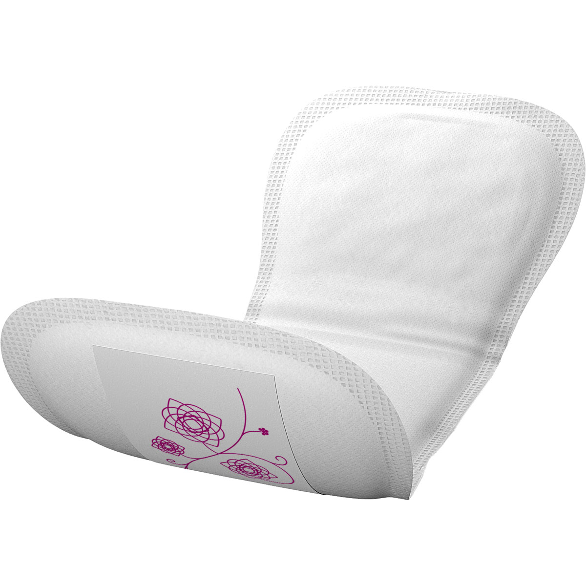 Ein weißes, flexibles Inkontinenzprodukt ist leicht angewinkelt dargestellt. Es hat eine bedruckte Unterseite mit lila floralen Mustern. Der Hintergrund ist weiß und schlicht.