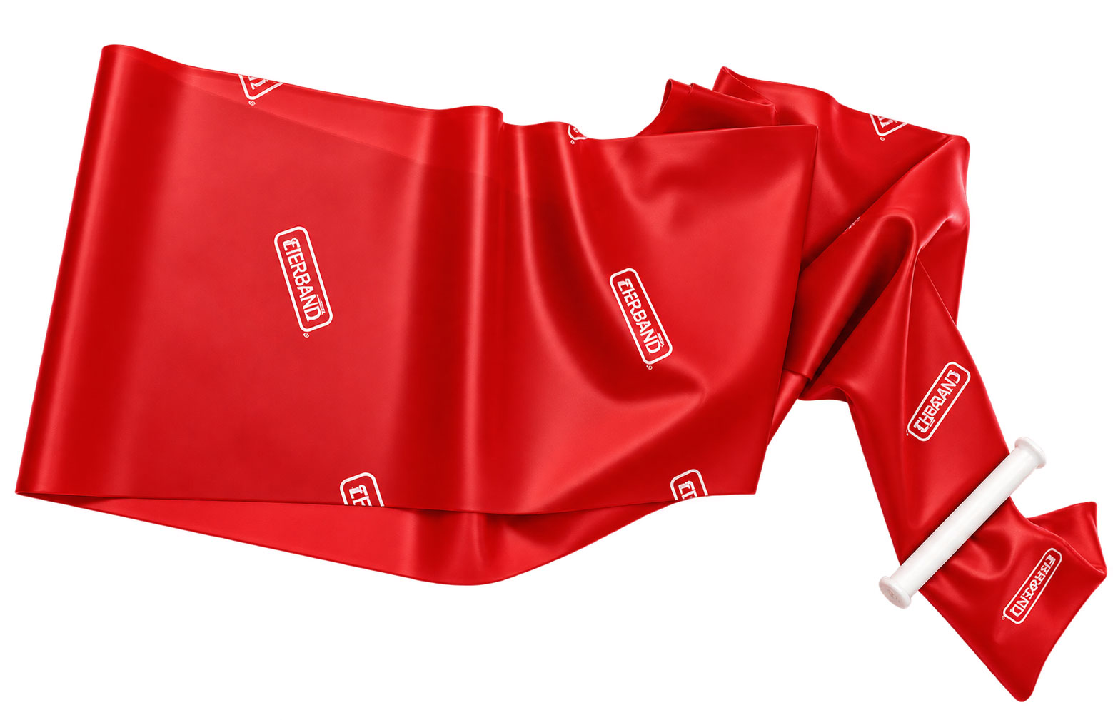 Ein rotes Elastikband liegt locker ausgelegt. Auf der Oberfläche sind wiederholt das Logo und der Schriftzug -ETERBAND- sichtbar. Am Ende befindet sich eine weiße Halterung.