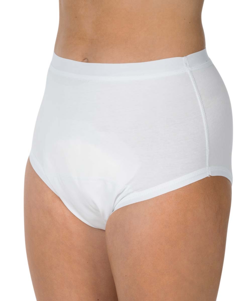 Ein weißer, atmungsaktiver Unterwäscheartikel für Erwachsene, der seitlich abgebildet ist. Die Hose hat einen hohen Schnitt und zeigt eine glatte, schlichte Oberfläche ohne auffällige Muster.