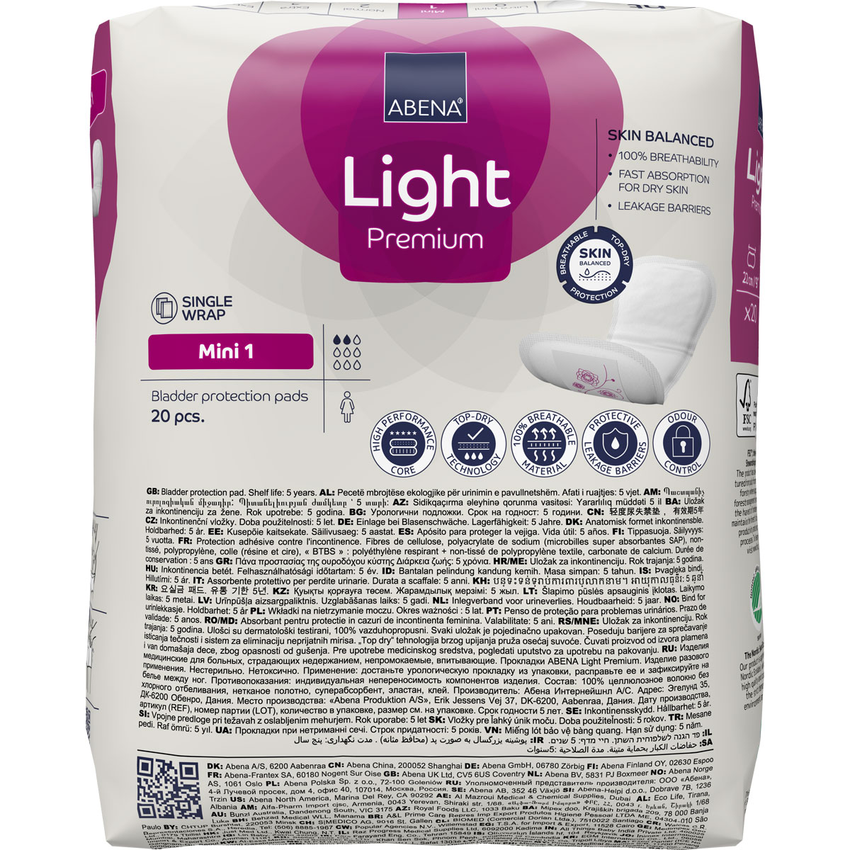 Eine Verpackung von ABENA Light Premium Mini 1 mit blauen und lila Designelementen. Sie enthält 20 Blasenschutz-Pads und betont 100% Atmungsaktivität sowie schnelle Absorption für trockene Haut.