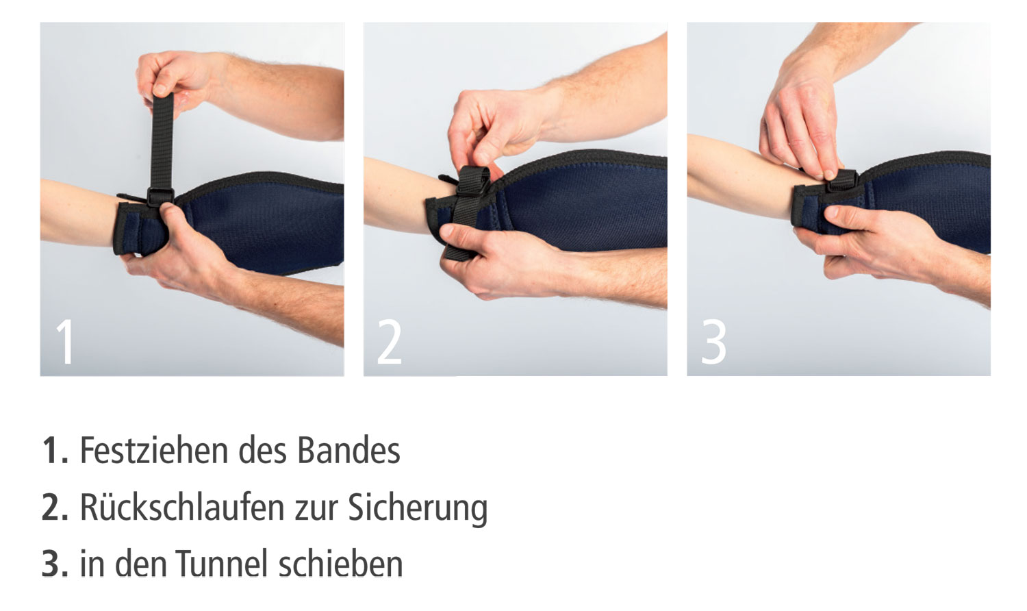 Schwarzes Band wird um einen Arm gelegt, während eine Hand das Band straff zieht. In drei Schritten wird erklärt, wie das Band gesichert und in einen Tunnel geschoben wird.