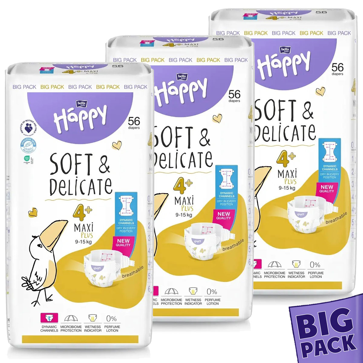 Bella Happy Soft & Delikate Gr. 4+ - Babywindeln Maxi PLUS 9-15 kg 168 (3x56) Stück BIGpack
