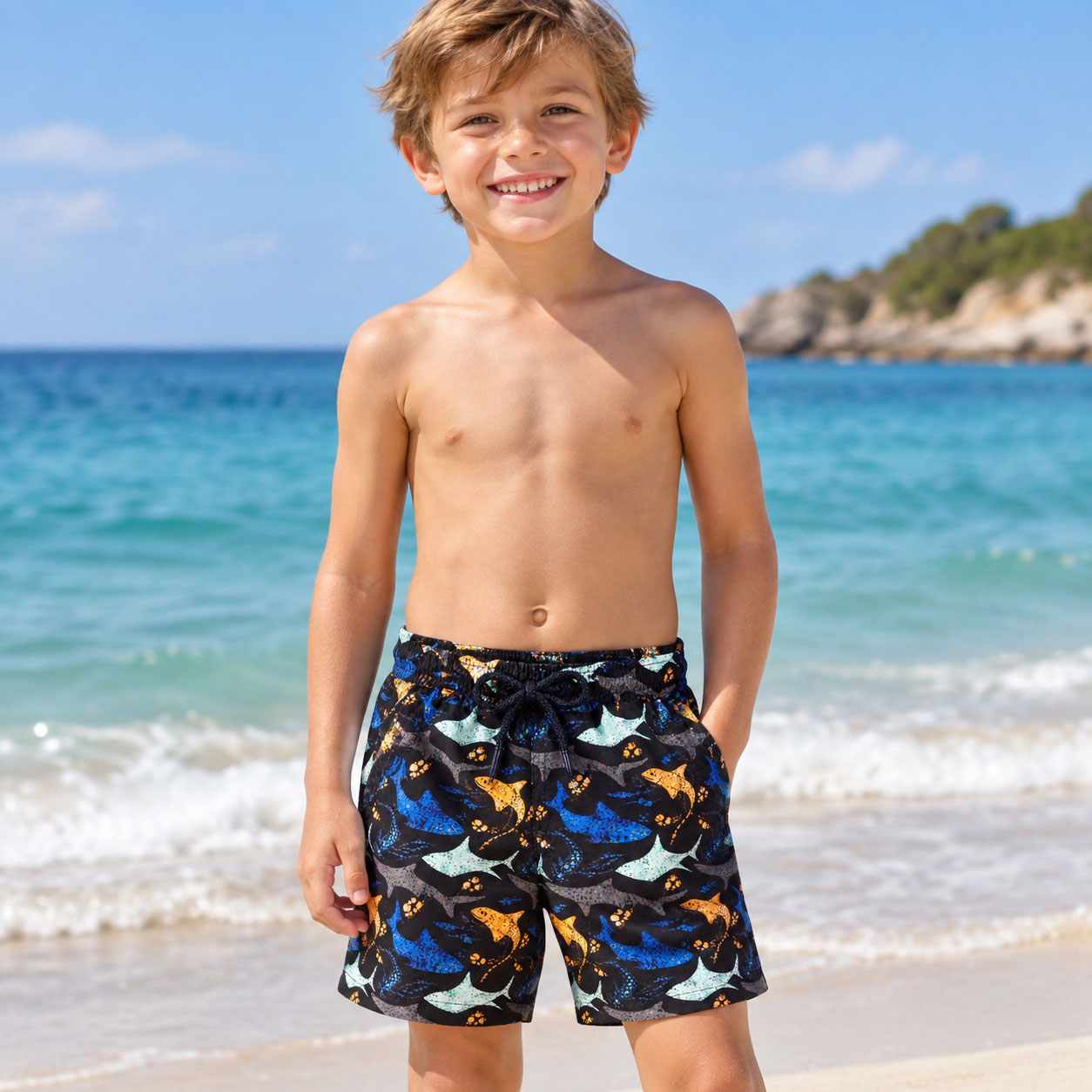 Ein Junge steht am Strand, trägt eine bunte Badehose mit Meerestier-Motiv und lächelt. Im Hintergrund sieht man das Meer und einen blauen Himmel mit einigen Wolken.