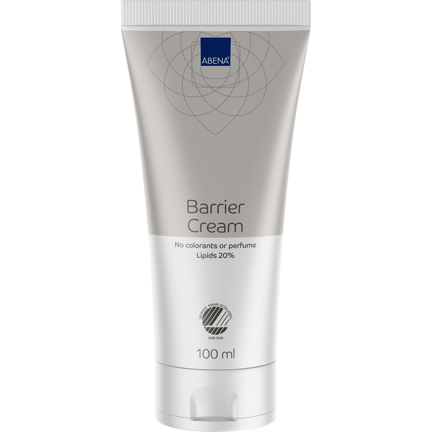 Eine Tube mit Barrier Cream der Marke ABENA steht im Vordergrund. Die Tube hat einen silbernen und weißen Farbton und enthält 100 ml. Auf der Verpackung stehen die Hinweise -Keine Farbstoffe oder Parfüm- sowie -Lipide 20%-.
