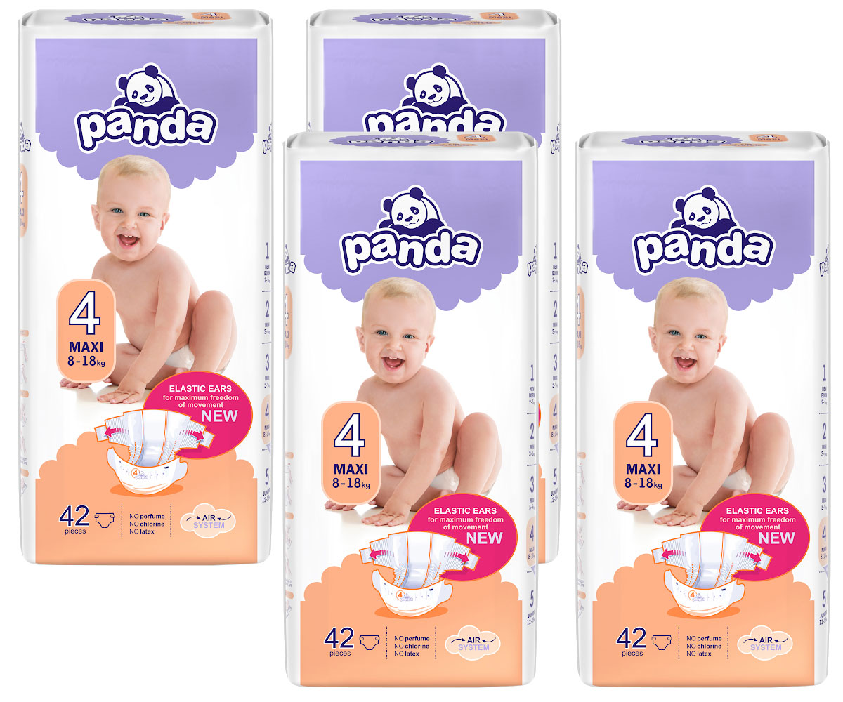 Vier Verpackungen von -panda- Windeln der Größe 4, für Babys von 8-18 kg. Jede Verpackung enthält 42 Stück. Die Windeln haben elastische Ohren für mehr Bewegungsfreiheit.