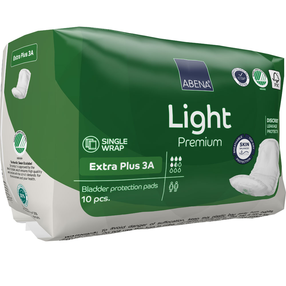 Packung mit Blasenschutzpolstern von Abena, Modell Light Premium, Extra Plus 3A. Verpackung enthält zehn Stück, ist in grün gehalten und zeigt Icons für Hautschutz und diskrete Inkontinenz.