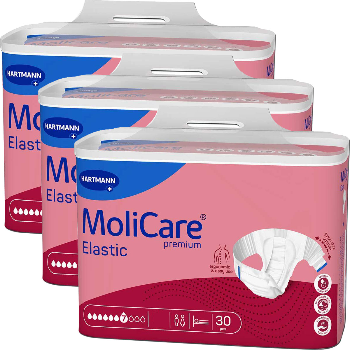 Drei Packungen MoliCare Elastic von Hartmann sind angeordnet. Jede Verpackung ist rosa mit blauen und weißen Akzenten, zeigt ein Bild einer Windel und enthält 30 Stück. Hinweise zur Ergonomie sind sichtbar.