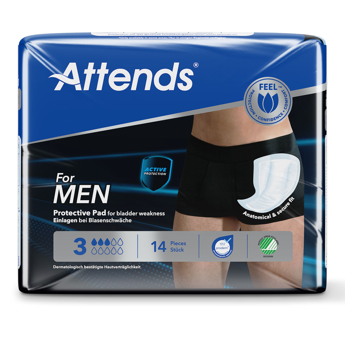 Packung mit Schutzpads von Attends für Männer, die bei Blasen-schwäche eingesetzt werden. Die Vorderseite zeigt eine anatomisch geformte Einlage und darauf werden 14 Stück sowie dermatologisch bestätigte Hautverträglichkeit angepriesen.