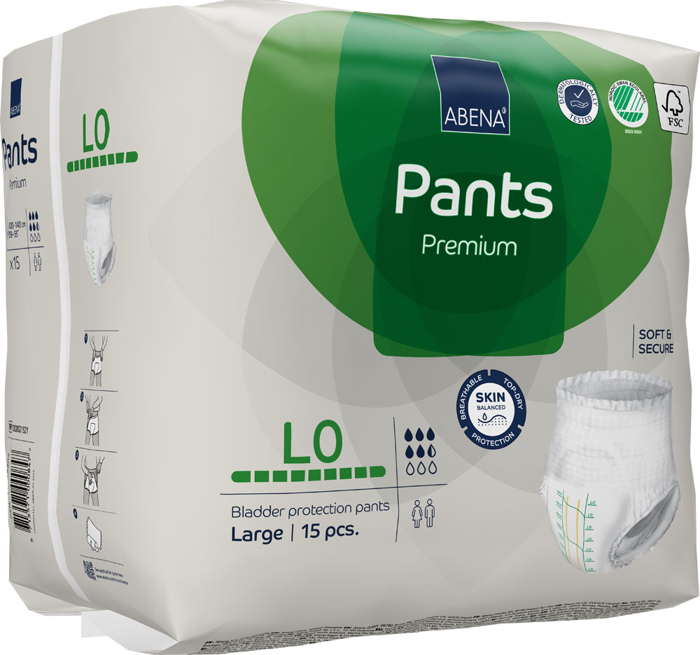 Eine Packung mit Inkontinenz-Hosen der Marke Abena. Die Vorderseite zeigt die Produktbezeichnung -Pants Premium-, die Größe -Large- und die Anzahl von 15 Stück. Grafiken und Text betonen Eigenschaften wie Atmungsaktivität und Hautschutz.
