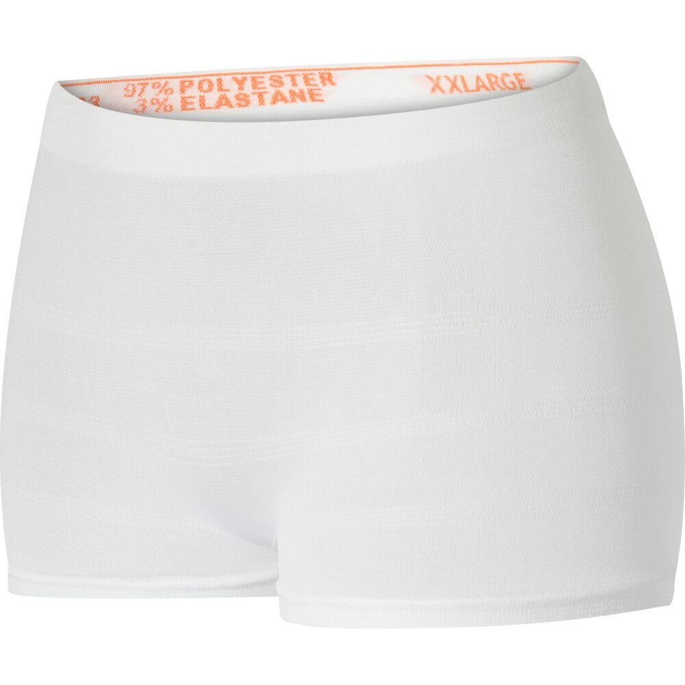 Weiße Shorts aus 97% Polyester und 3% Elasthan. Der Bund ist mit -XXLARGE- und einer orangen Schrift versehen. Die Shorts sind glatt und haben einen einfachen, modernen Schnitt.