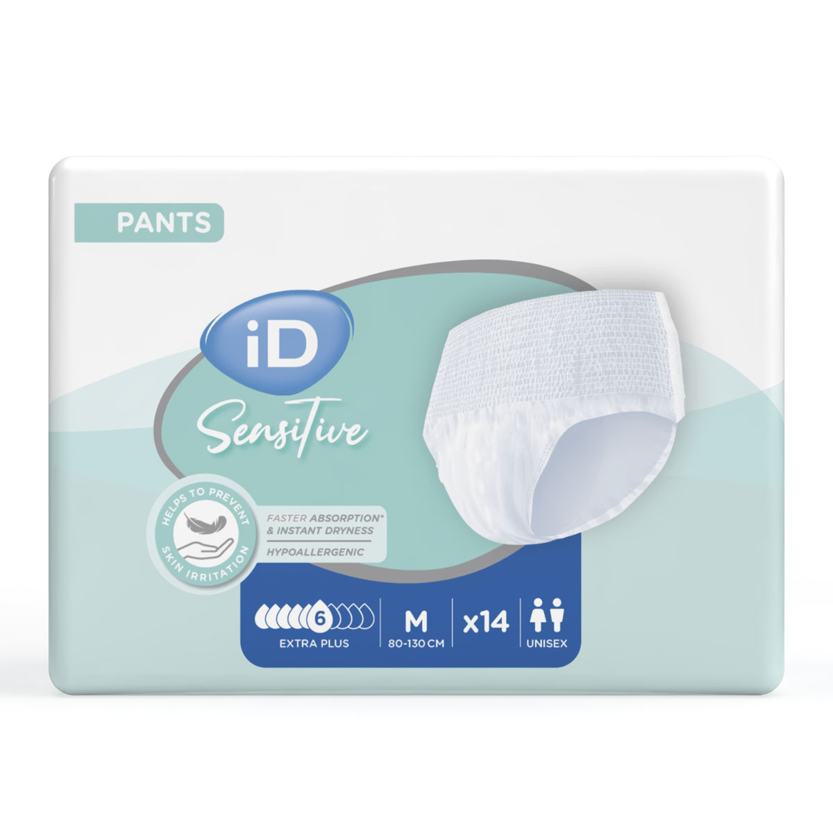 Verpackung von Inkontinenzunterwäsche in Größe M, 80-130 cm. Weiß, mit elastischem Bund, 14 Stück enthalten. Auf der Verpackung steht -iD Sensitive-, -hypoallergen- und -schnelle Absorption-.
