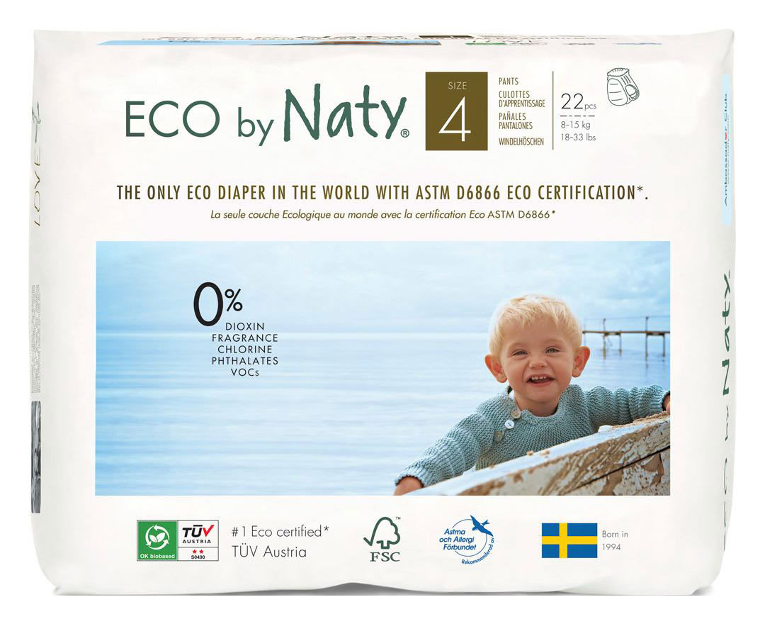 ECO by Naty Windeln, Größe 4, 22 Stück, mit Umweltplakette. Verpackung zeigt ein lächelndes Kind am Wasser. Hinweise zu Inhaltsstoffen: 0% Dioxine, Fragrance, Chlorine, Phthalate, VOCs.