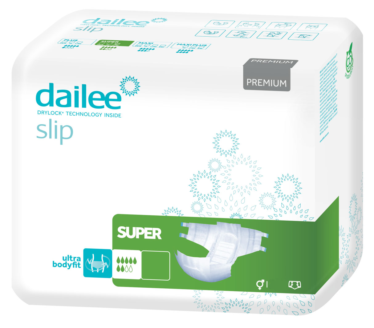 Packung mit Inkontinenzslips von dailee. Weiße, quadratische Verpackung mit bunten Grafiken. -SUPER- markiert in Grün, mit Infos zu Technologie und Anwendung auf der Oberseite.