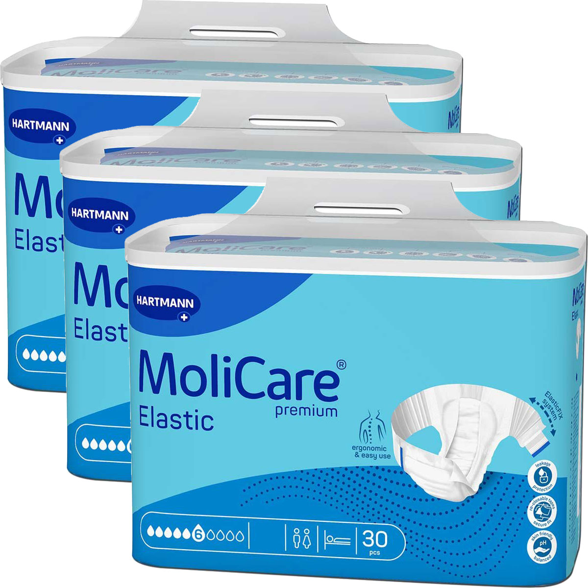 Drei Verpackungen der MoliCare Premium Elastic Windeln sind nebeneinander angeordnet. Jede Box zeigt ein hellblaues Design mit dem Produktnamen und enthält 30 Stück, die als ergonomisch und einfach in der Nutzung beschrieben werden.