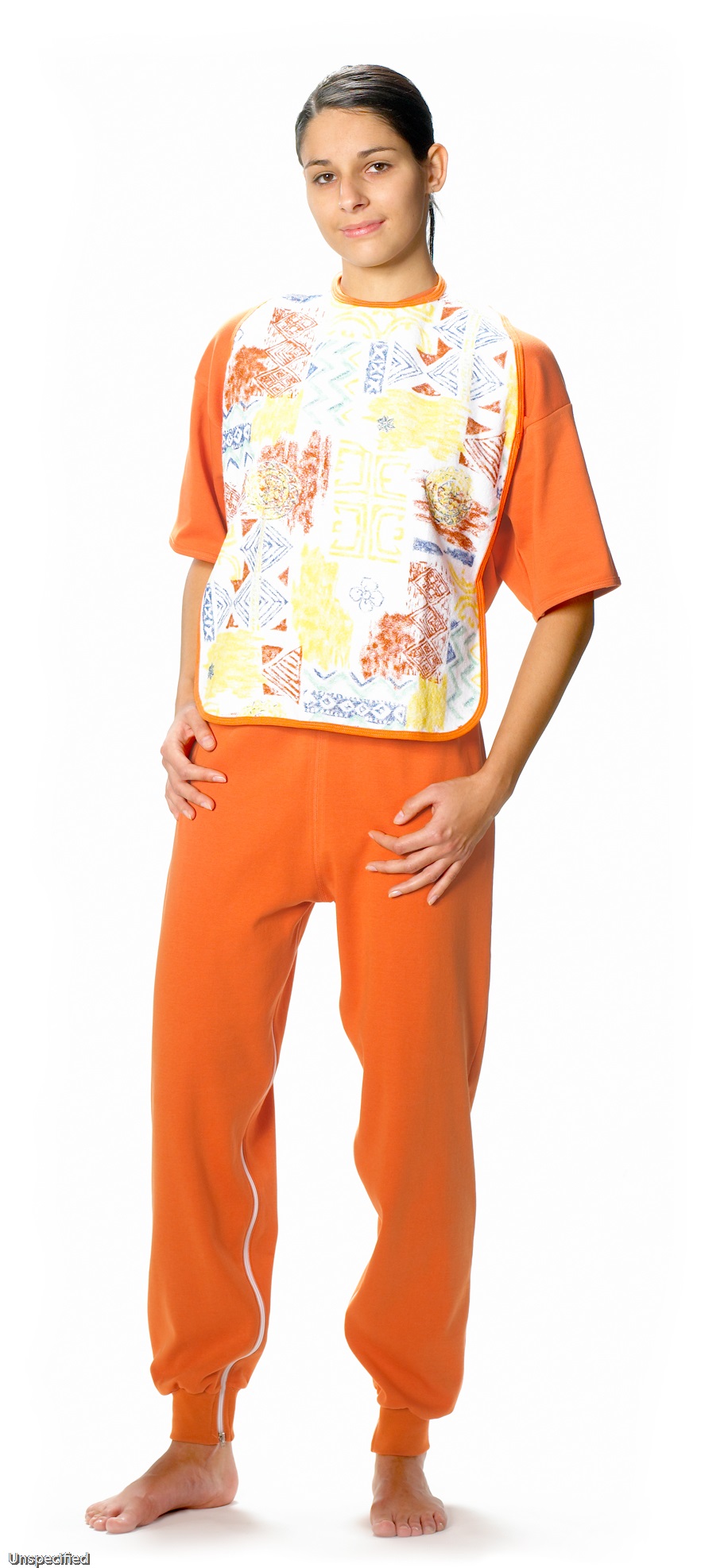 JANUS Ess-Schürze, beschichtet, vierfarbig bedruckt, 75cm lang - Patchwork Strelitzie